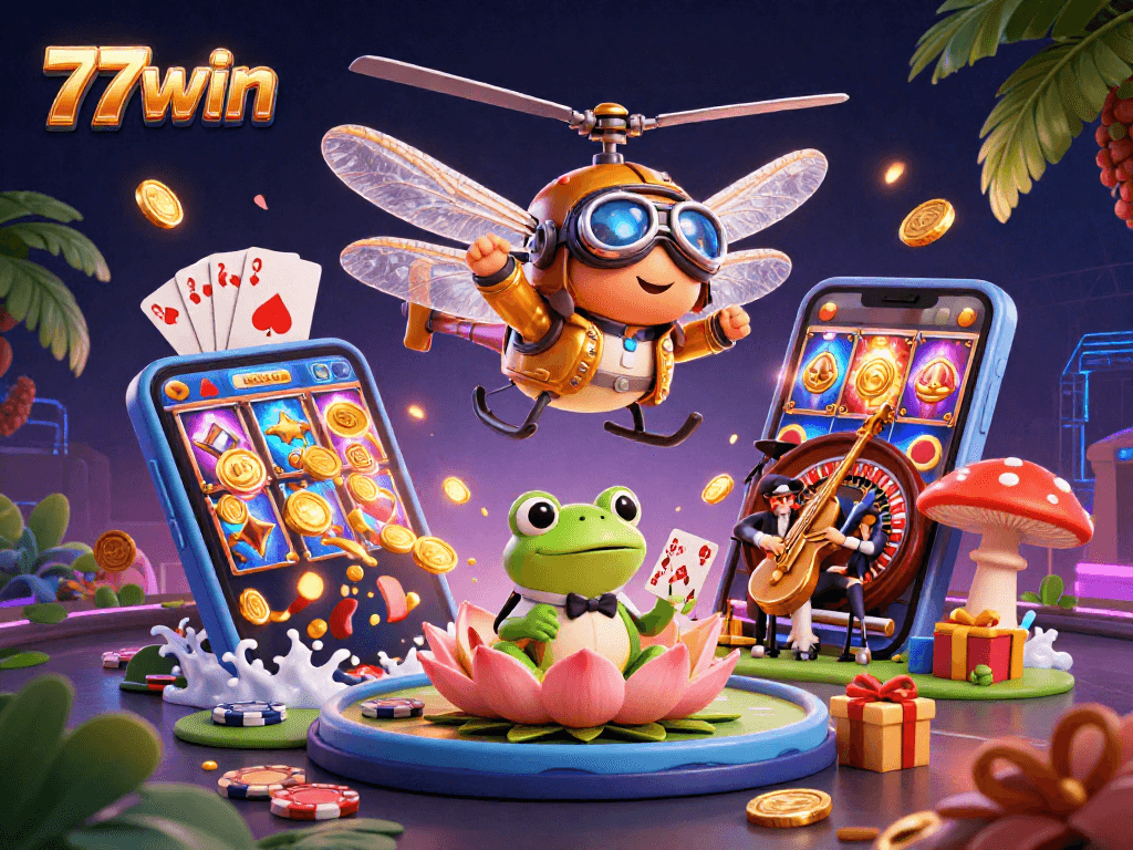 Join the vibrant fun at 77win, where a frog croupier meets a dragonfly pilot in a whimsical casino.