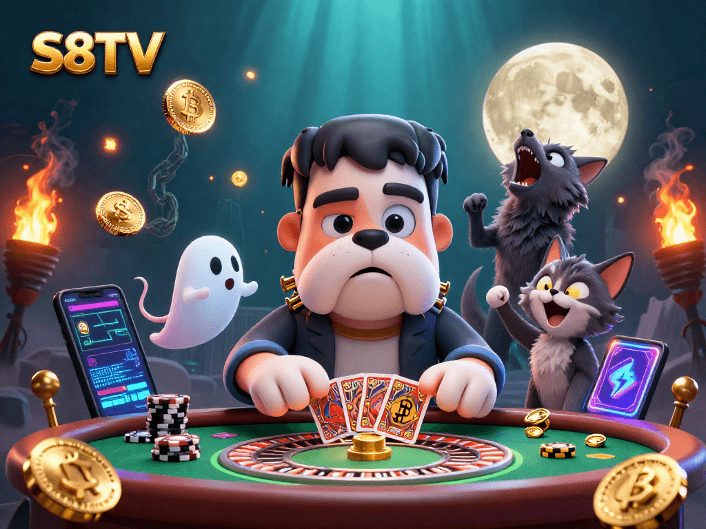 S8TV invites players to win big with exciting games and vibrant illustrations of a casino scene.