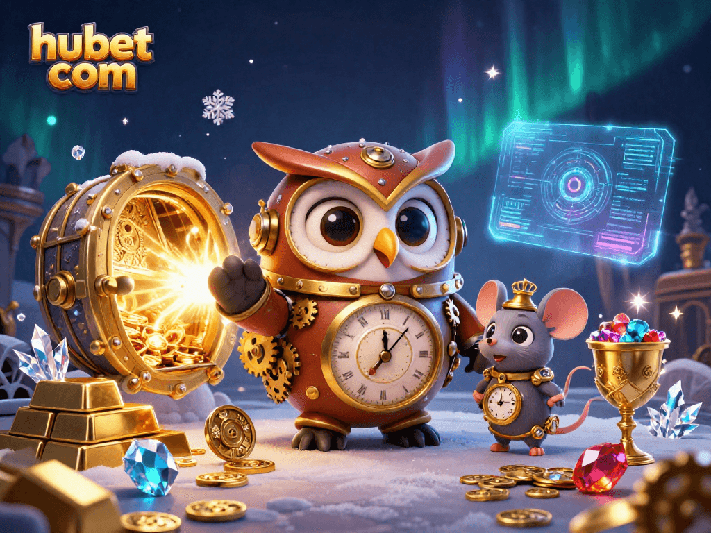 Engage with hubet com through a vibrant casino world featuring an owl and mouse in a steampunk setting.