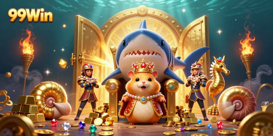 Win big at 99Win with a vibrant treasure-filled scene showcasing a golden hamster king amid gaming riches