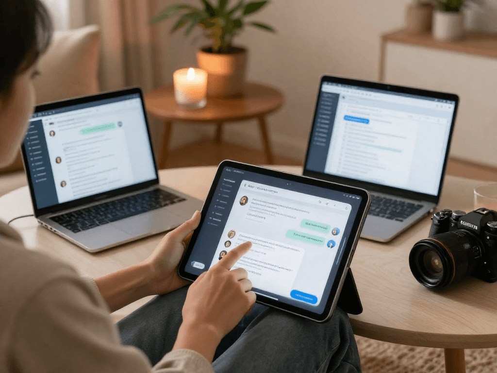 User interacting with sex chat AI on a tablet in a cozy setting.