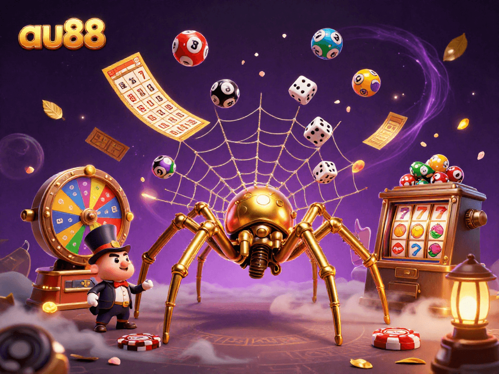 Experience excitement at au88 with a vibrant 3D casino scene showcasing thrilling games and characters.