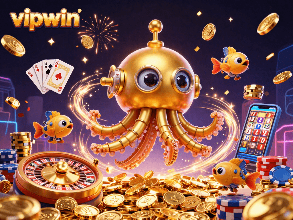 Experience thrilling victories with vipwin's dynamic casino scene featuring a golden kraken and spinning roulette.