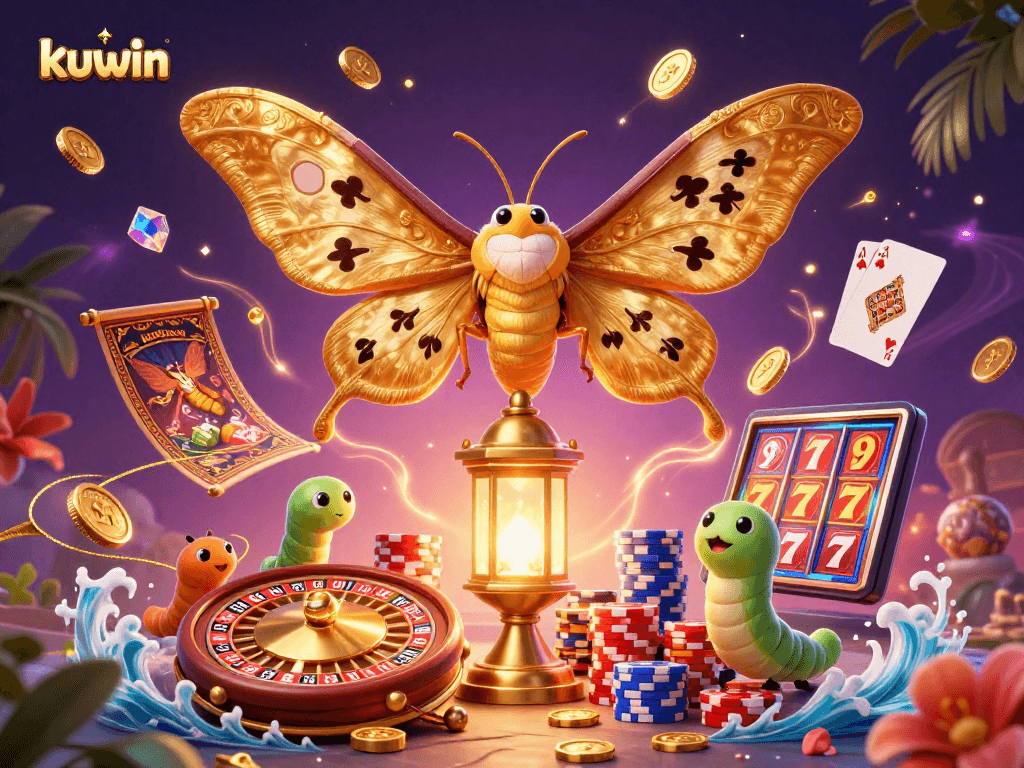 Kuwin showcases an exhilarating casino scene with a vibrant 3D moth, spinning roulette, and gold coins cascading.