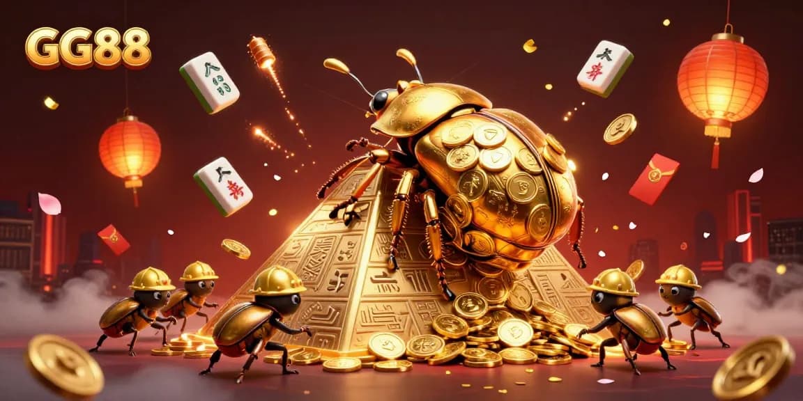 Engage with GG88's exciting casino scene featuring golden beetles and vibrant symbols of luck.
