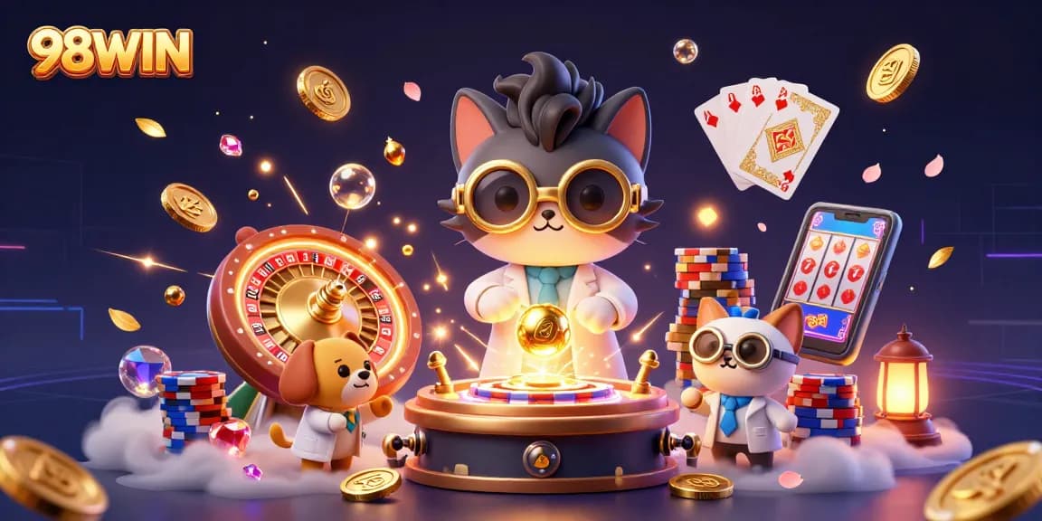 Experience the thrill of gaming strategy with 98WIN's vibrant casino scene featuring golden coins and mad scientist characters.
