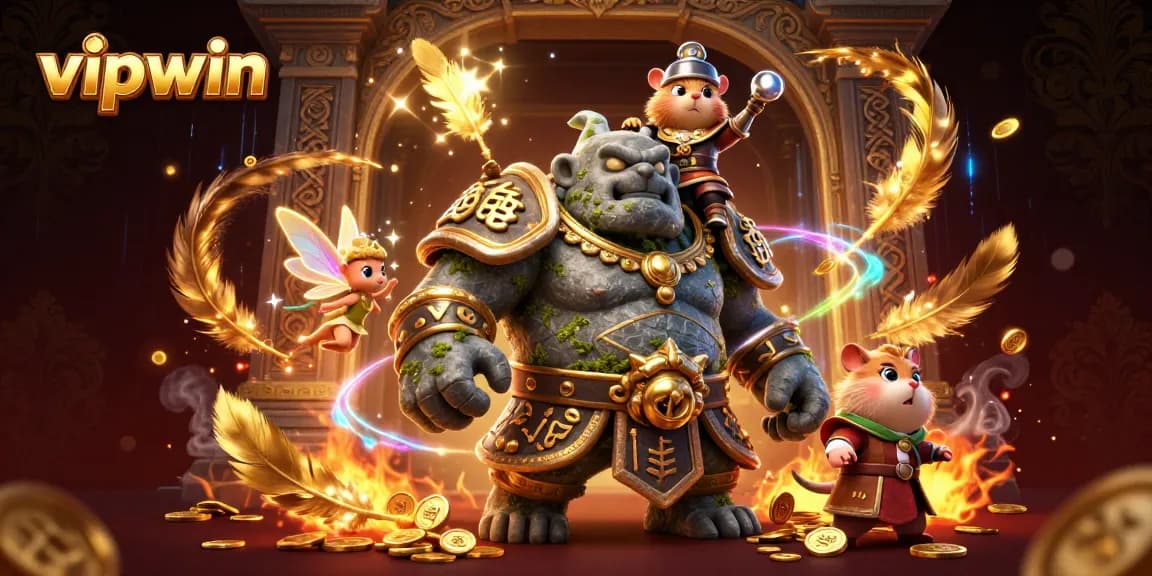 Join the excitement with vipwin in a vibrant casino scene featuring a magical golem and knight.