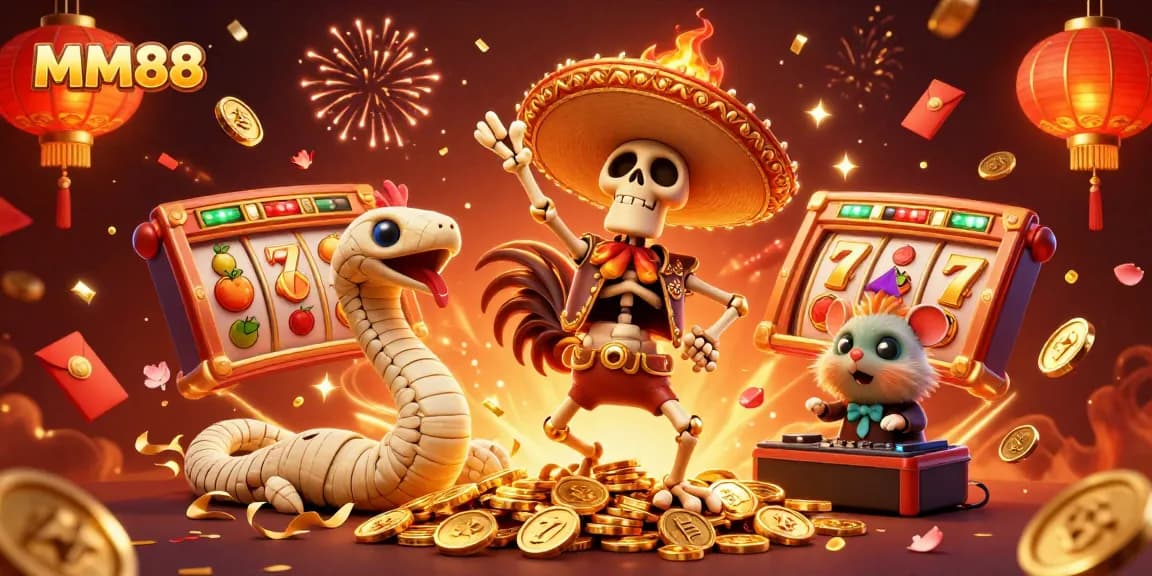 Experience the excitement of MM88 with unique characters dancing on coins amidst vibrant casino elements.
