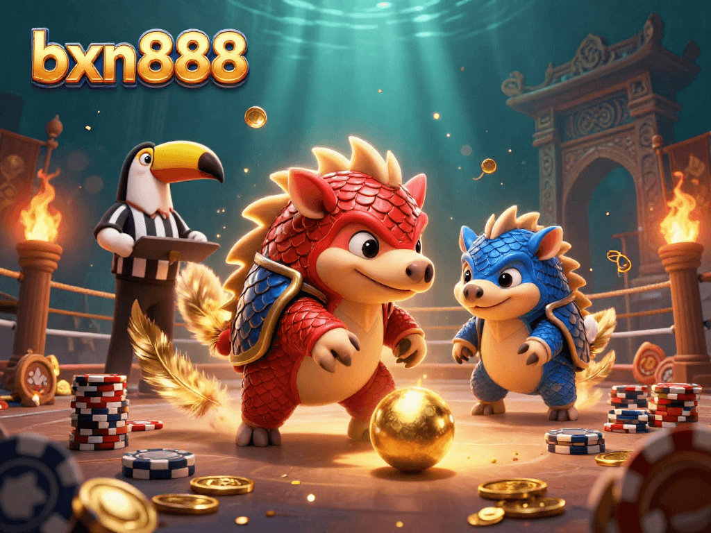 Experience the thrilling action of bxn888 as rival pangolins roll through golden balls in this vibrant casino showdown.
