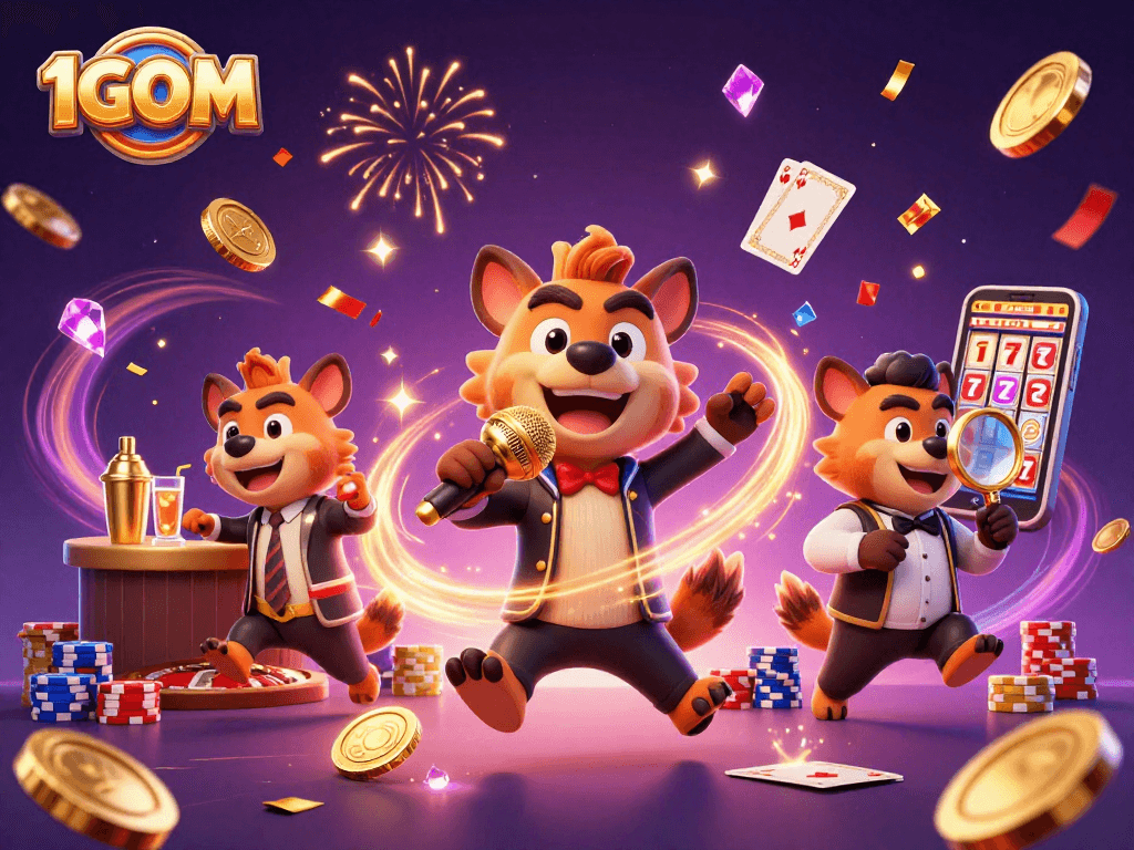 Experience the dynamic world of 1GOM with a comedy casino scene full of playful hyenas and vivid gambling elements.