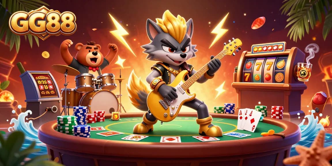 Experience thrilling gameplay at GG88 with a dynamic illustration of a rock star wolf on stage, surrounded by vibrant casino elements.