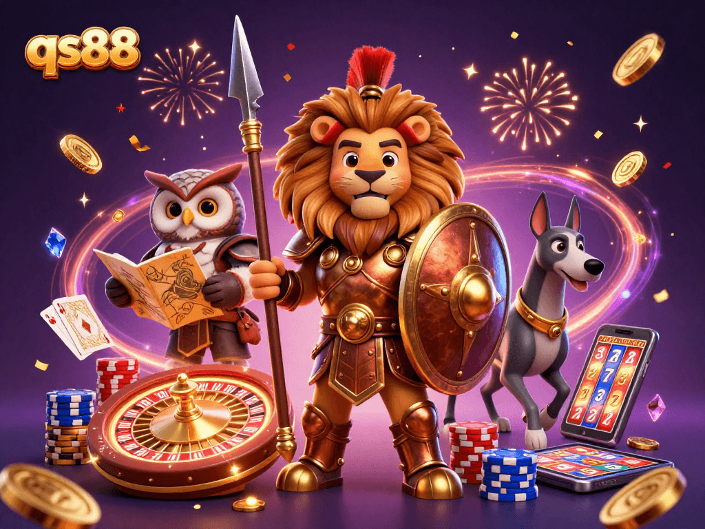Experience thrilling casino action with qs88's vibrant 3D illustration featuring dynamic characters and game elements.
