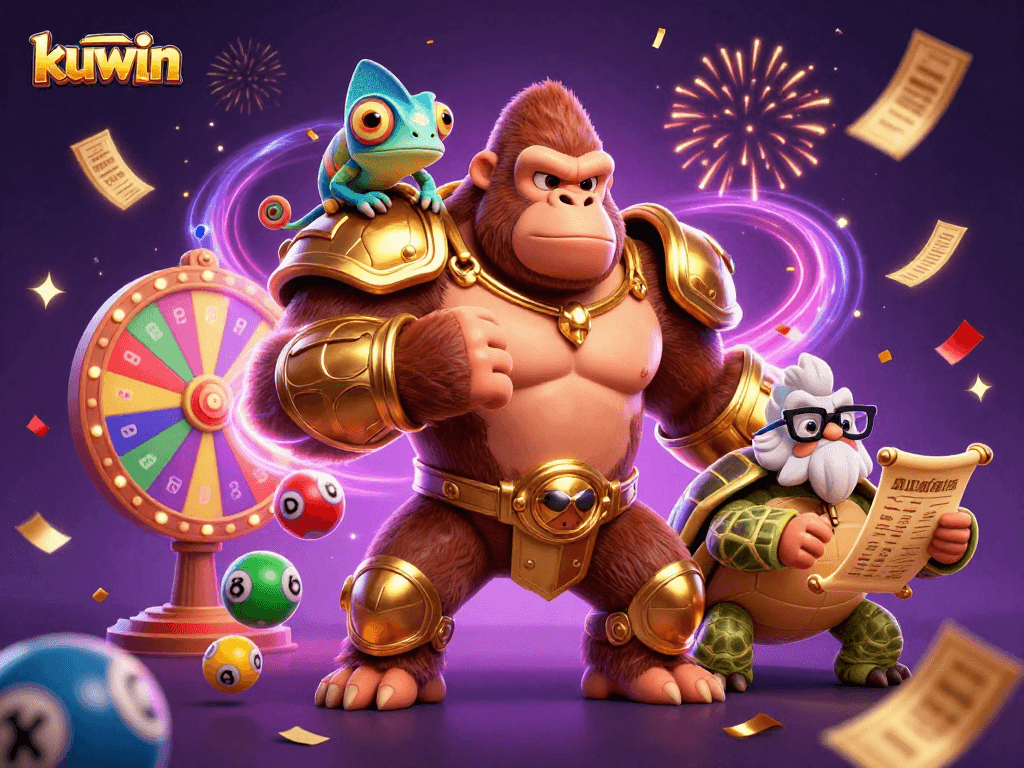 Kuwin celebrates with a powerful gorilla king and friends amidst vibrant gambling elements and confetti.