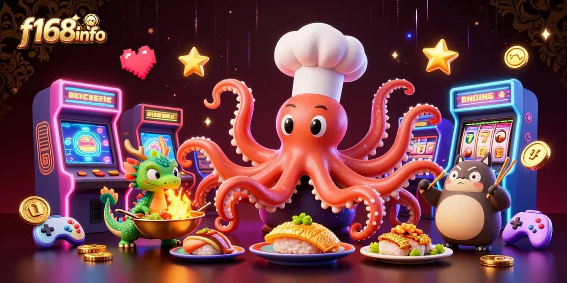 Experience gaming excitement at f168info with a vibrant 3D scene of an octopus chef and gaming elements.