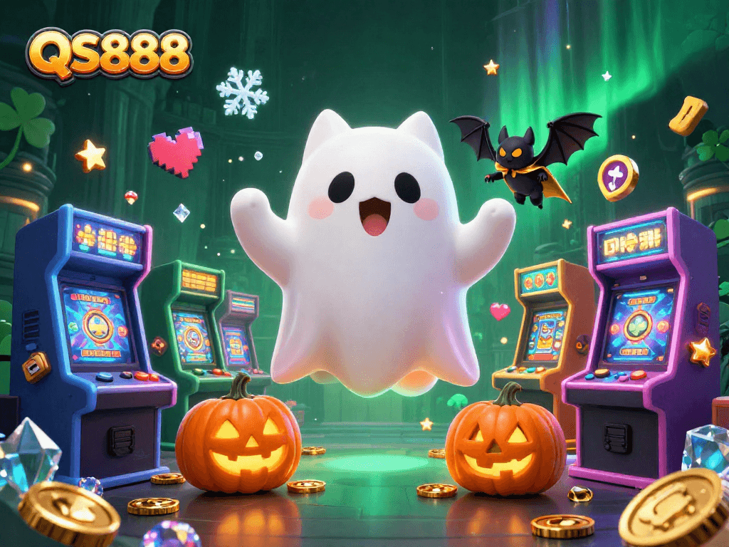 Engage in thrilling casino gameplay with QS888 featuring a ghost cat and bat companion in a vibrant haunted mansion.