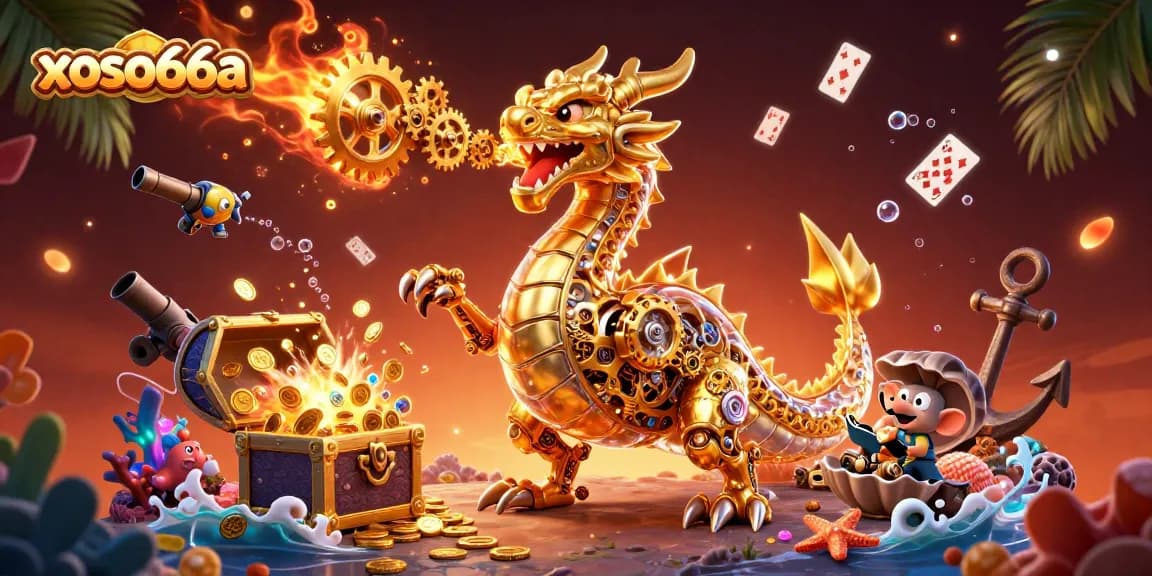 Engage with xoso66a's underwater theme featuring a golden dragon amidst treasures for an exciting gaming experience.