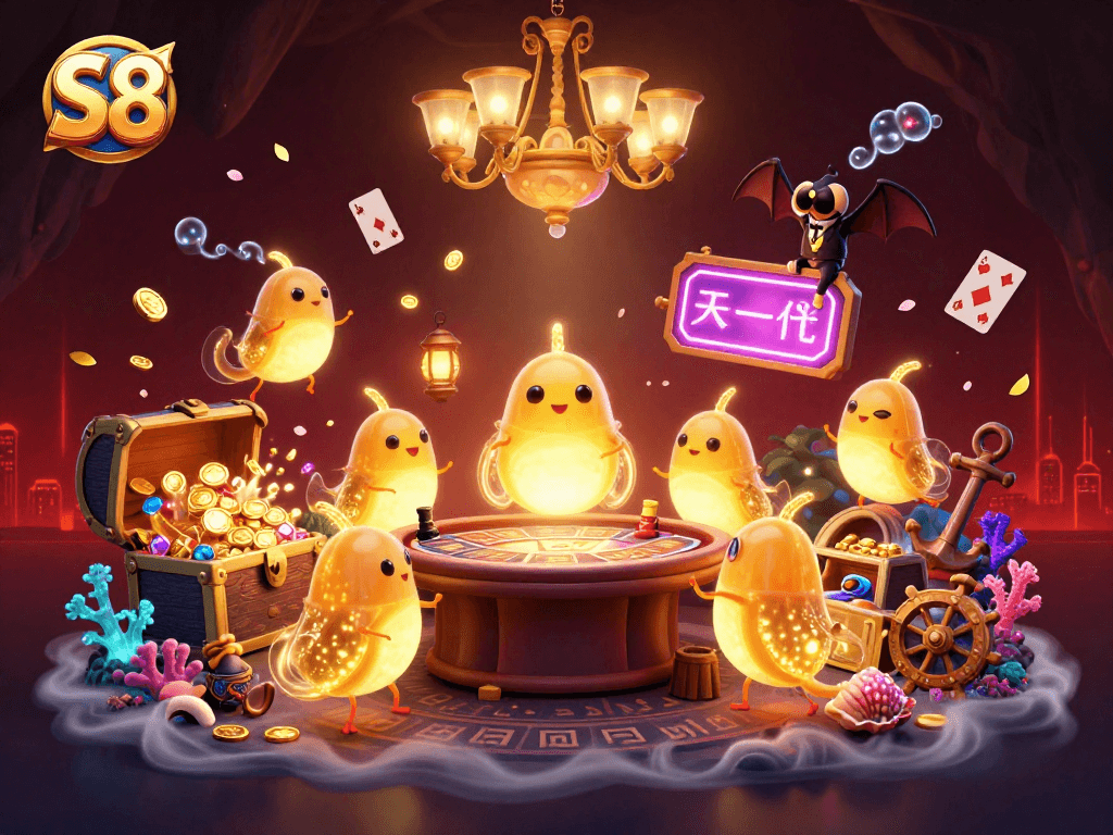 S8 glowworms illuminate a vibrant cave casino scene, showcasing dynamic games and excitement.