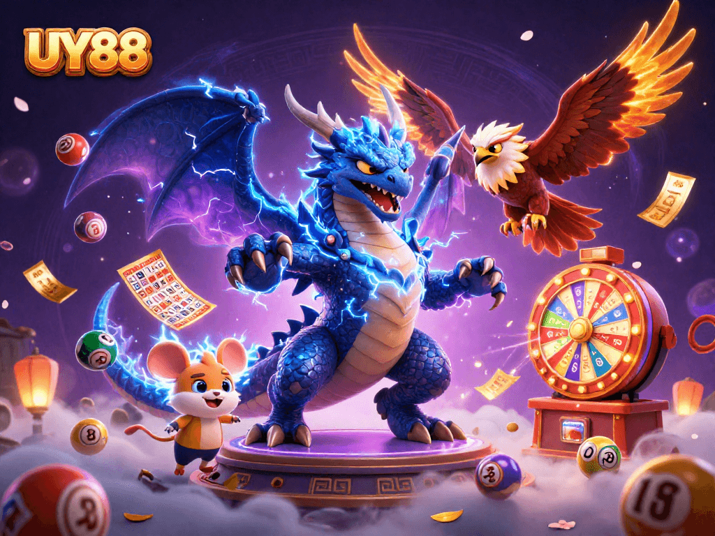 Experience thrilling gameplay at UY88, featuring dynamic lottery elements and vibrant characters.
