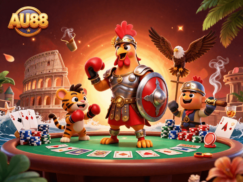 Engage in thrilling bets and win at AU88 with a vivid portrayal of a gladiator rooster and poker elements.