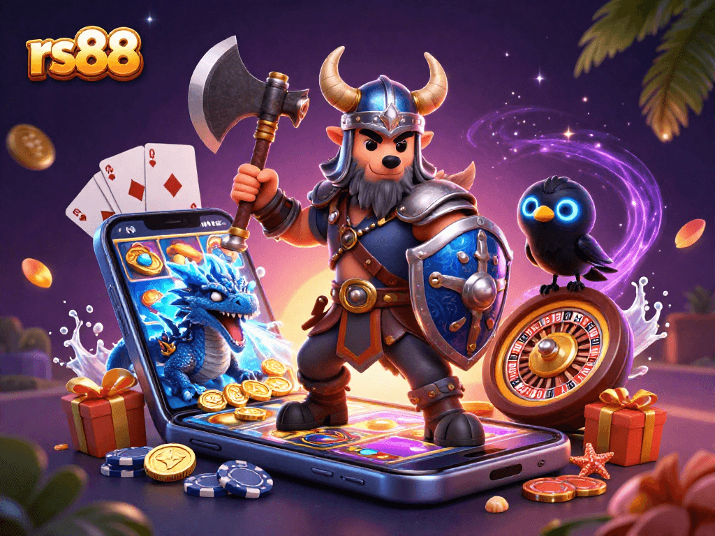 Spin wins with rs88 in a vibrant 3D casino scene featuring a Viking warrior and dragon.