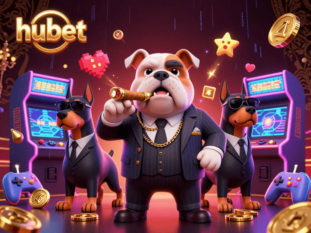 Experience fun with hubet's vibrant gaming scene featuring a bulldog boss and Doberman bodyguards.