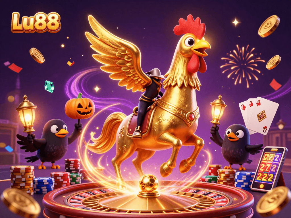 Experience thrilling gameplay at Lu88 with a vibrant casino scene showcasing a golden rooster amidst dynamically flying treasures.
