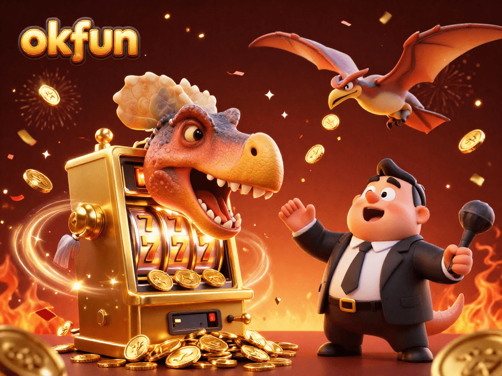 Okfun delights players with a dynamic casino scene, featuring vivid characters and slot machines.