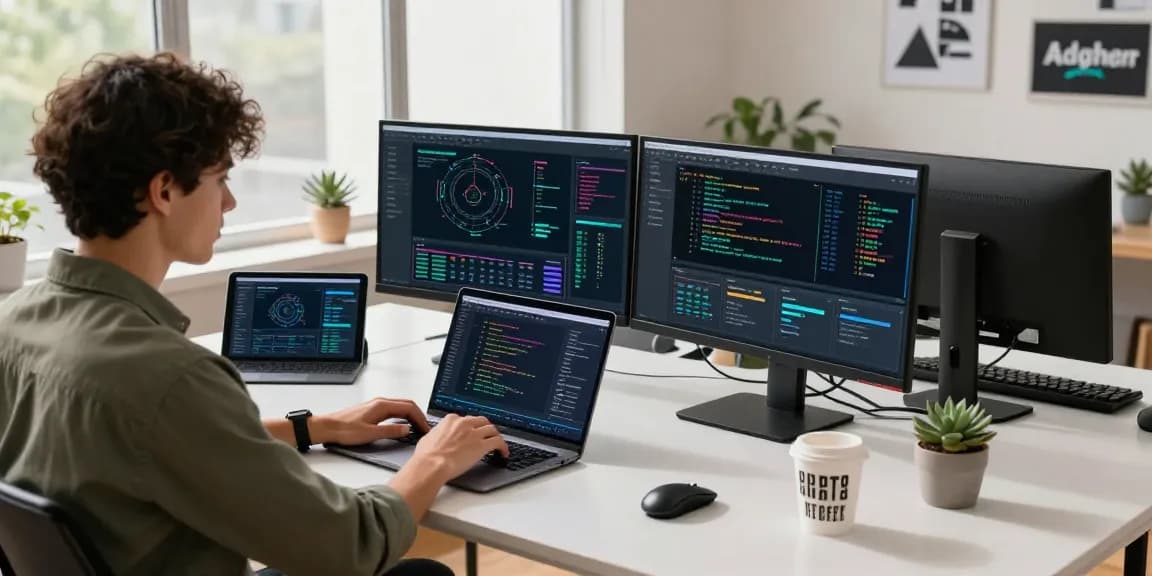 Youthful programmer optimizing crush ai algorithms in a dynamic tech workspace with analytics on displays.