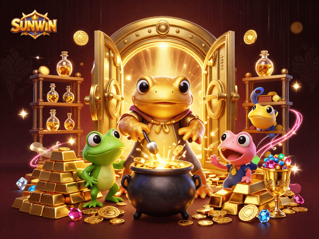 SUNWIN showcases a vibrant alchemist scene filled with gold, jewels, and fantasy elements, enhancing your gaming adventure.