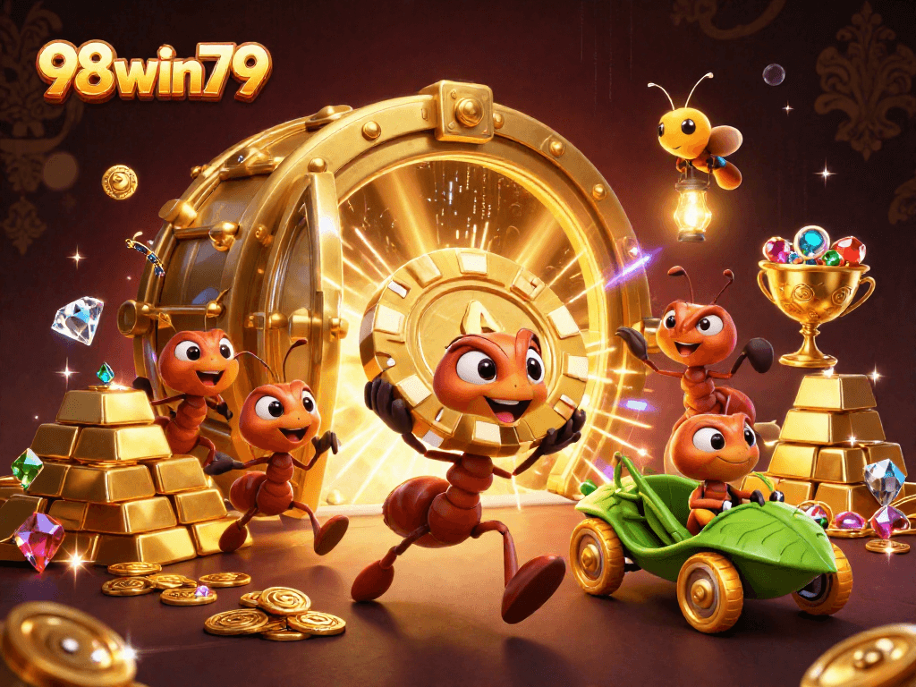 Watch 98win79's cartoon ants execute a heist with golden poker chips in a vibrant casino-themed scene.