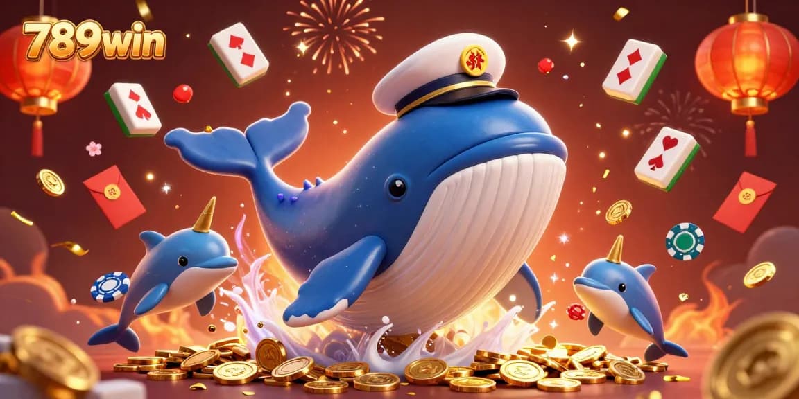 Experience big wins at 789win with a vibrant 3D scene of gambling fun featuring whales, coins, and poker chips.