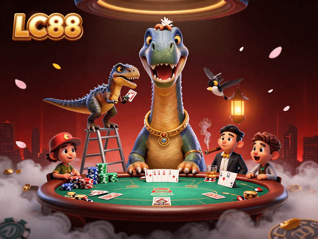 Engage with LC88 in a vibrant casino scene with unique characters and thrilling gameplay details.