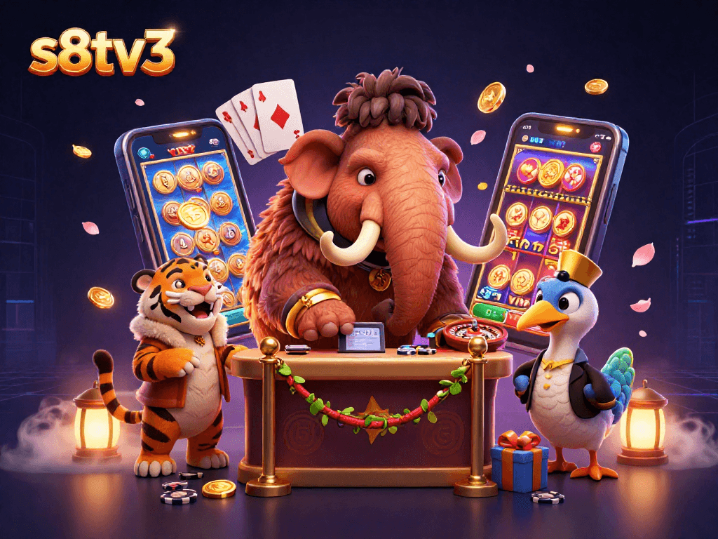 S8TV3 showcases a vibrant, dynamic gaming scene with cartoon characters immersed in a thrilling casino atmosphere.