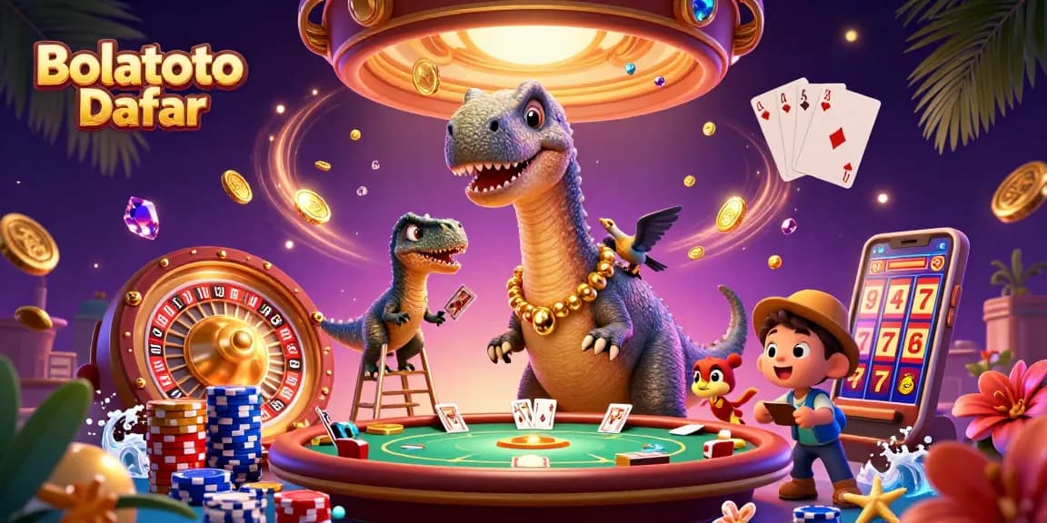 Engage with Bolatoto Daftar in this vibrant casino scene featuring a playful dino and card dealer.