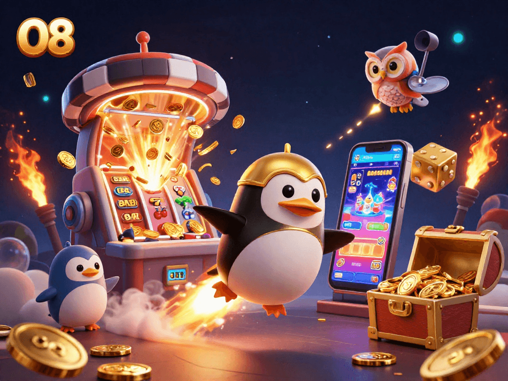 Experience O8's thrilling adventure with a golden penguin and classic casino elements in space.