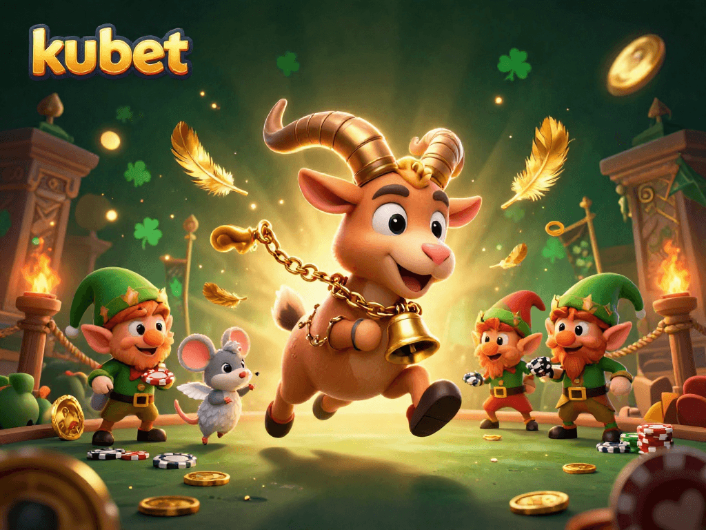 Kubet's festive casino scene features a Krampus goat, angel mouse, and mischievous gremlins hustling poker chips amidst dazzling gold.