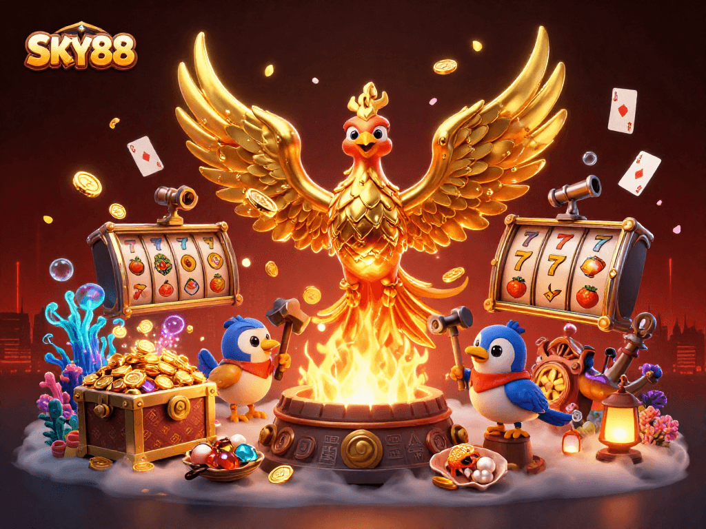 Experience the thrill of SKY88 with a molten golden phoenix and dynamic slot elements.