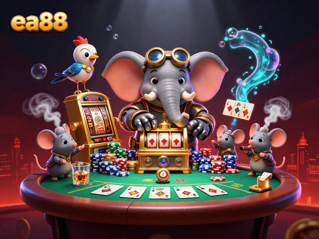 Spin the golden slot machine at ea88 for thrilling rewards in this vibrant casino scene.