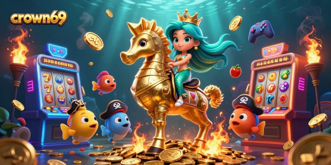 Experience the excitement of crown69 with vibrant slot machines and colorful characters in an engaging casino scene.