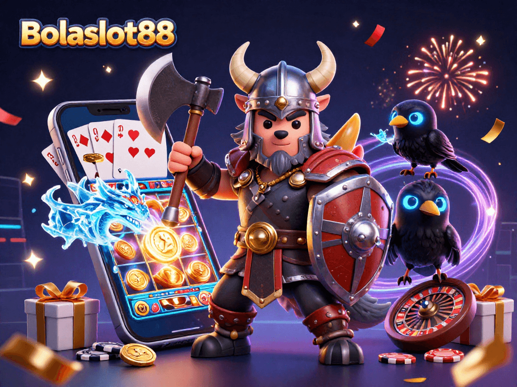 Bolaslot88 Viking warrior and dragon celebrate online slot victories through engaging visuals and dynamic themes.
