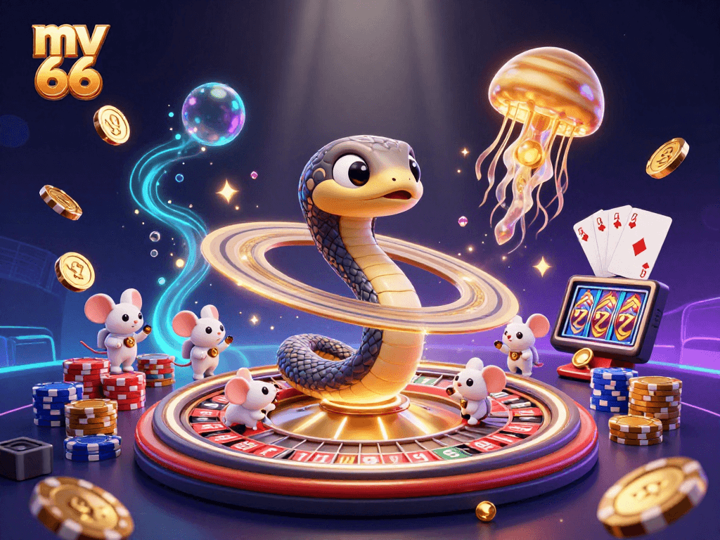 Engage in thrilling gameplay at mv 66, featuring a vibrant 3D casino scene with cosmic characters and games.