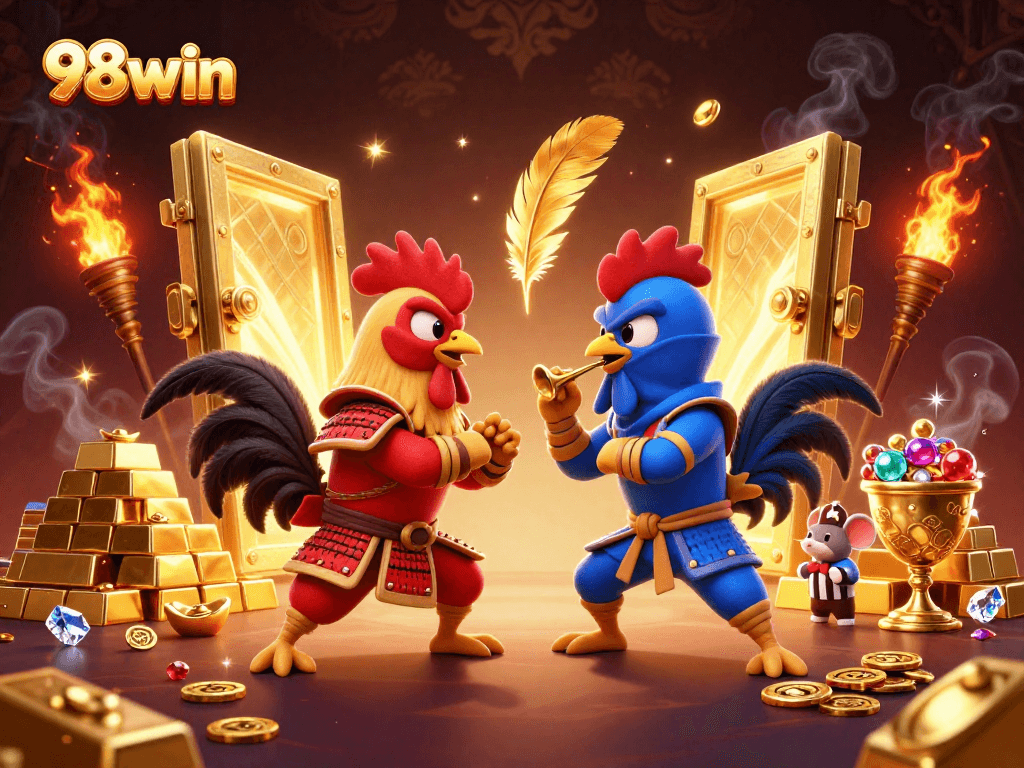 98win fighting roosters in an electrifying duel amid gold treasures and dynamic casino elements.