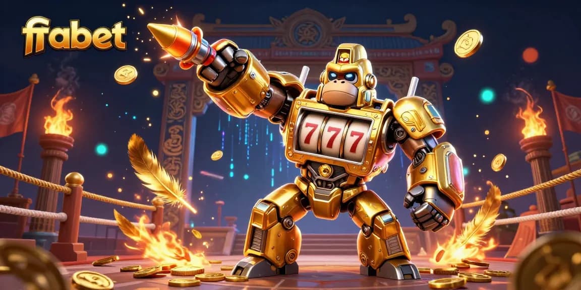 Experience thrilling gameplay with fabet's golden mech pulling jackpot reels and coins bursting into action.