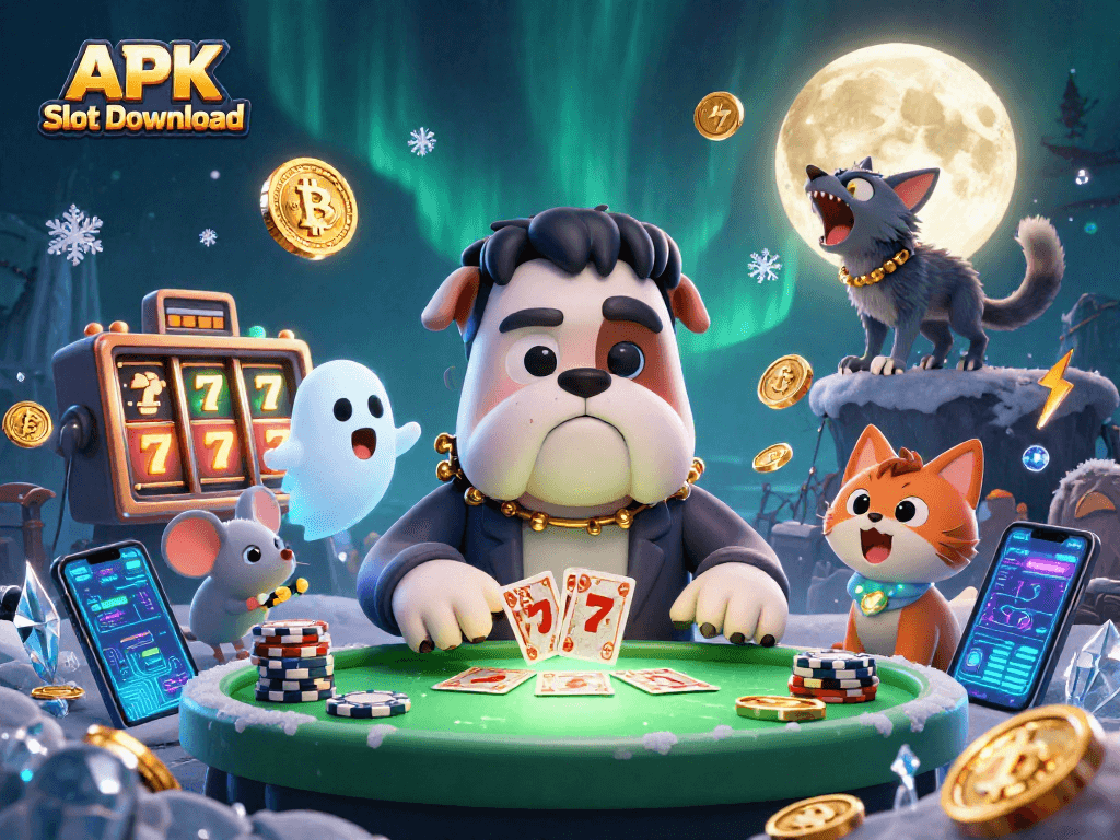 Engage with the APK Slot Download experience featuring a vibrant 3D illustration of a casino scene filled with lively characters and gaming highlights.