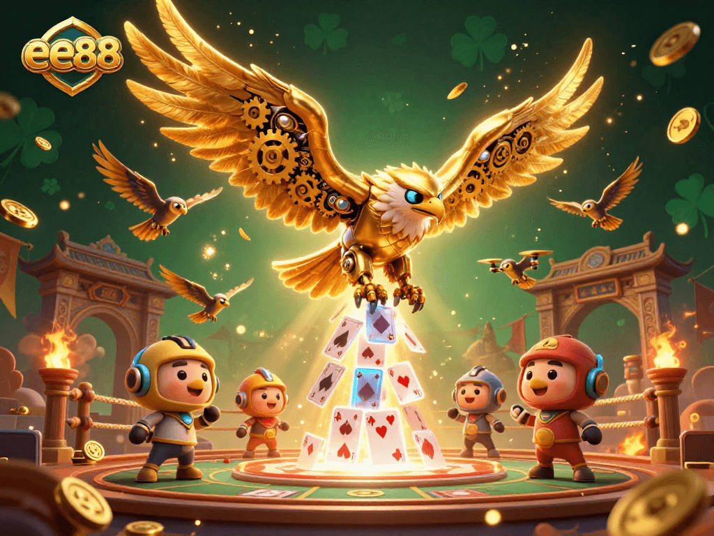 ee88 showcases a dynamic scene with a cybernetic eagle and holographic cards, enhancing online casino excitement.
