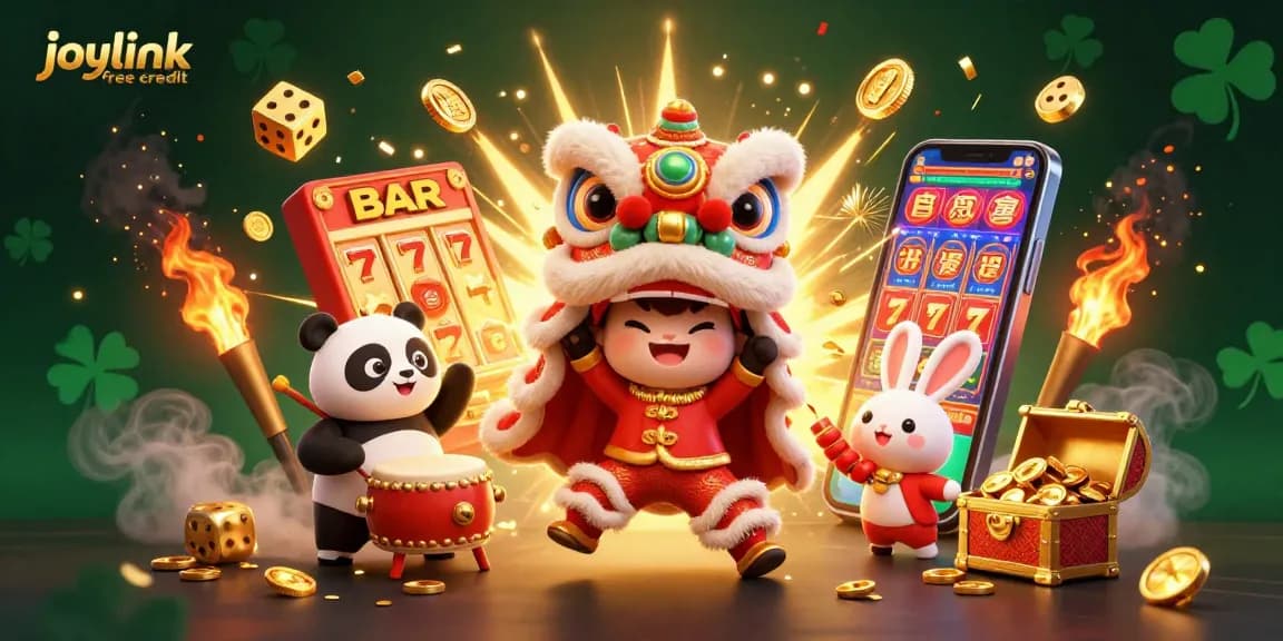 Experience joylink free credit with a festive lion dance, vibrant slot machine, and dynamic casino elements.