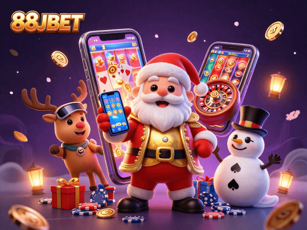 Engage with 88JBET's exciting gaming world, showcasing Santa Claus and friends in a vibrant casino scene.
