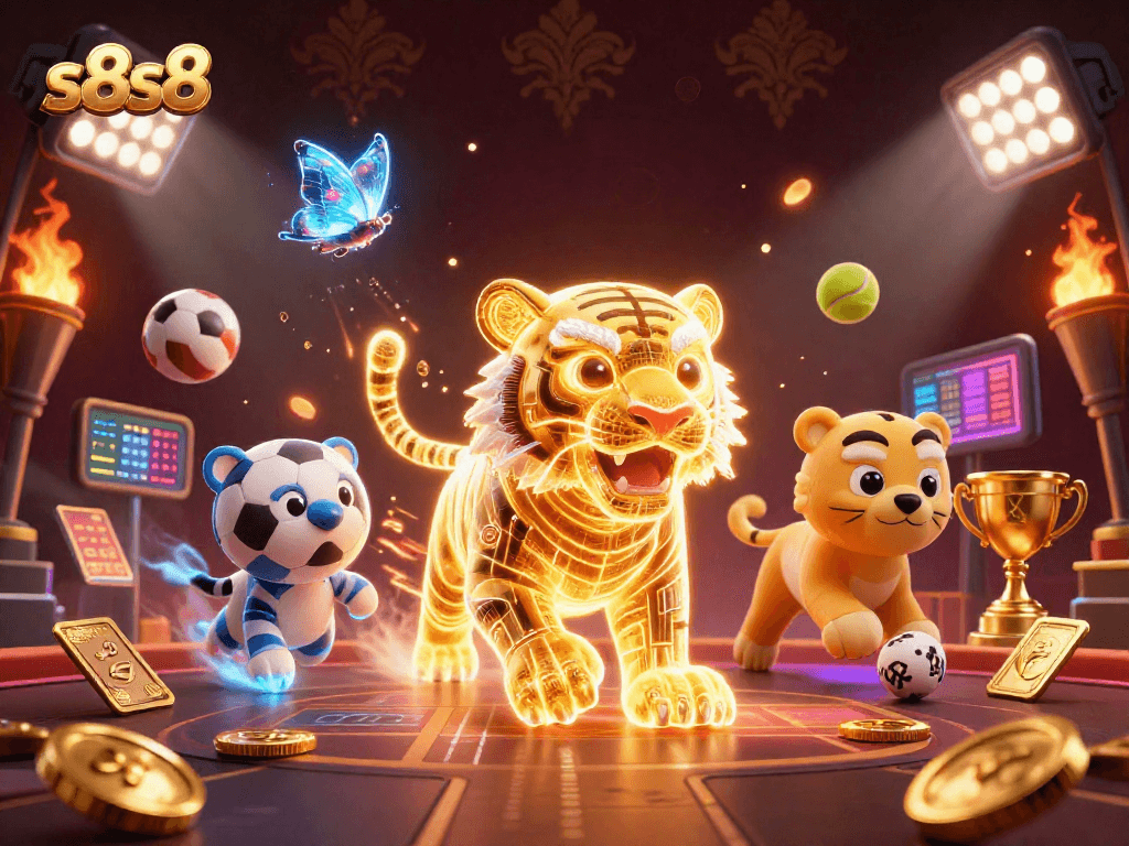 Engage in thrilling casino action with s8s8, featuring a vibrant golden tiger and sports elements.