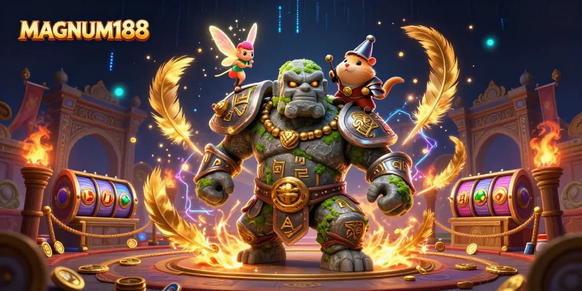 Join the adventure with MAGNUM188's dynamic 3D golem guardian and knight amidst magical slot gameplay.