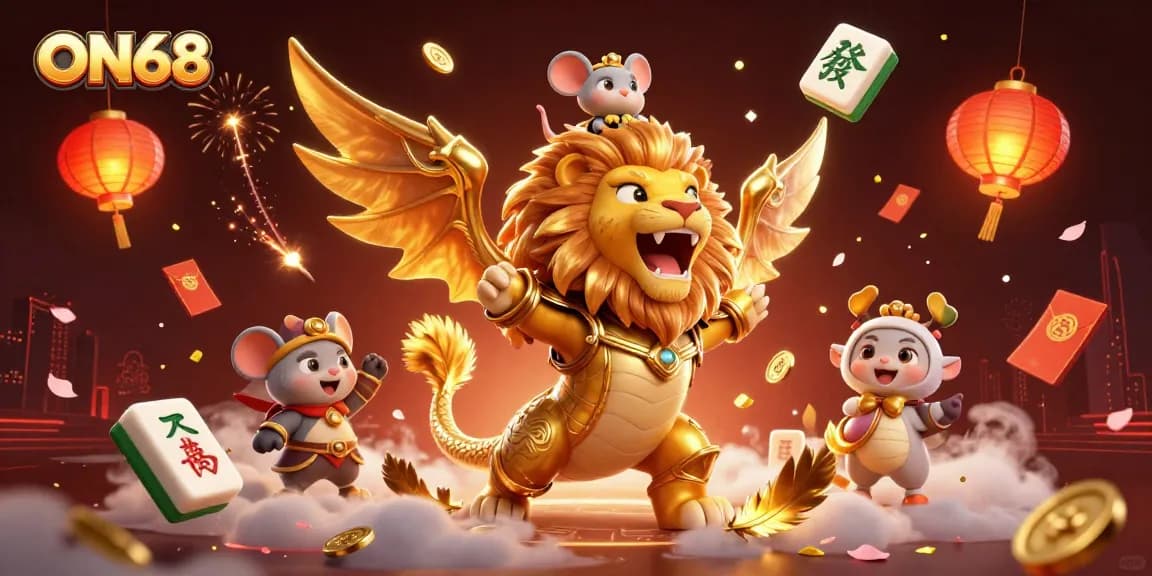 Experience thrilling adventures at ON68 with a triumphant chimera and vibrant casino elements in a dazzling 3D scene.